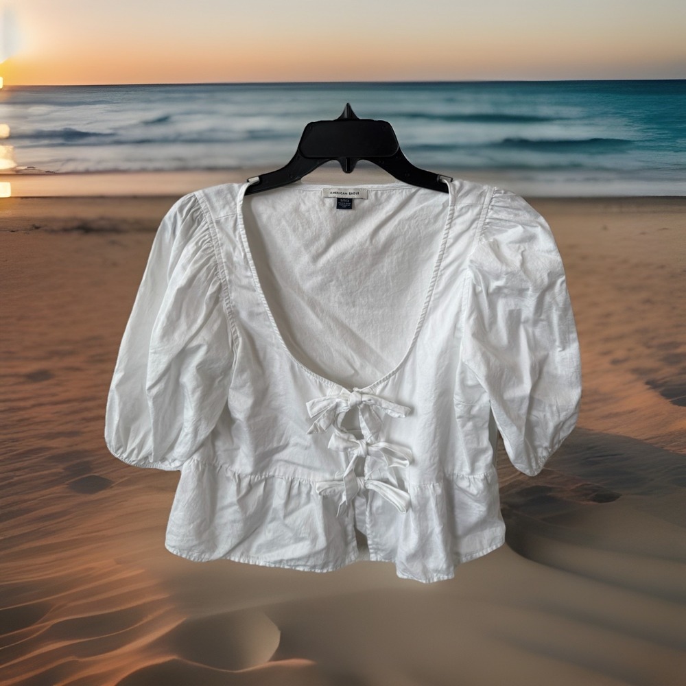 Coquette Cottagecore Y2K Coastal Boho Chic Sm White Tie Front Short Puff Sleeve